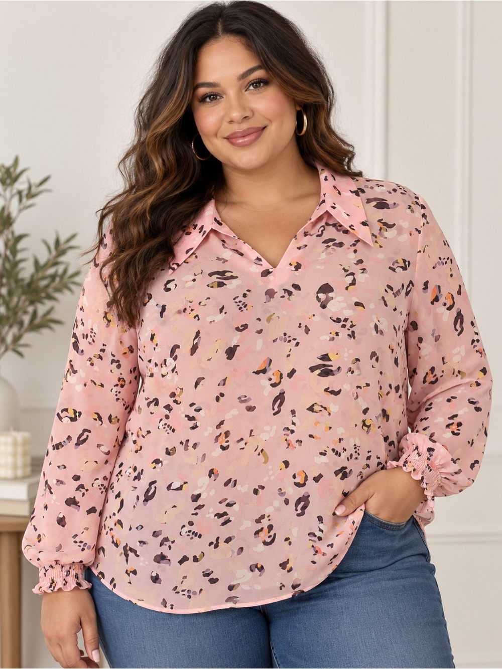 Cabi NWT Size XXL Pink Abstract Leopard Print Blouse Long Sleeve Top